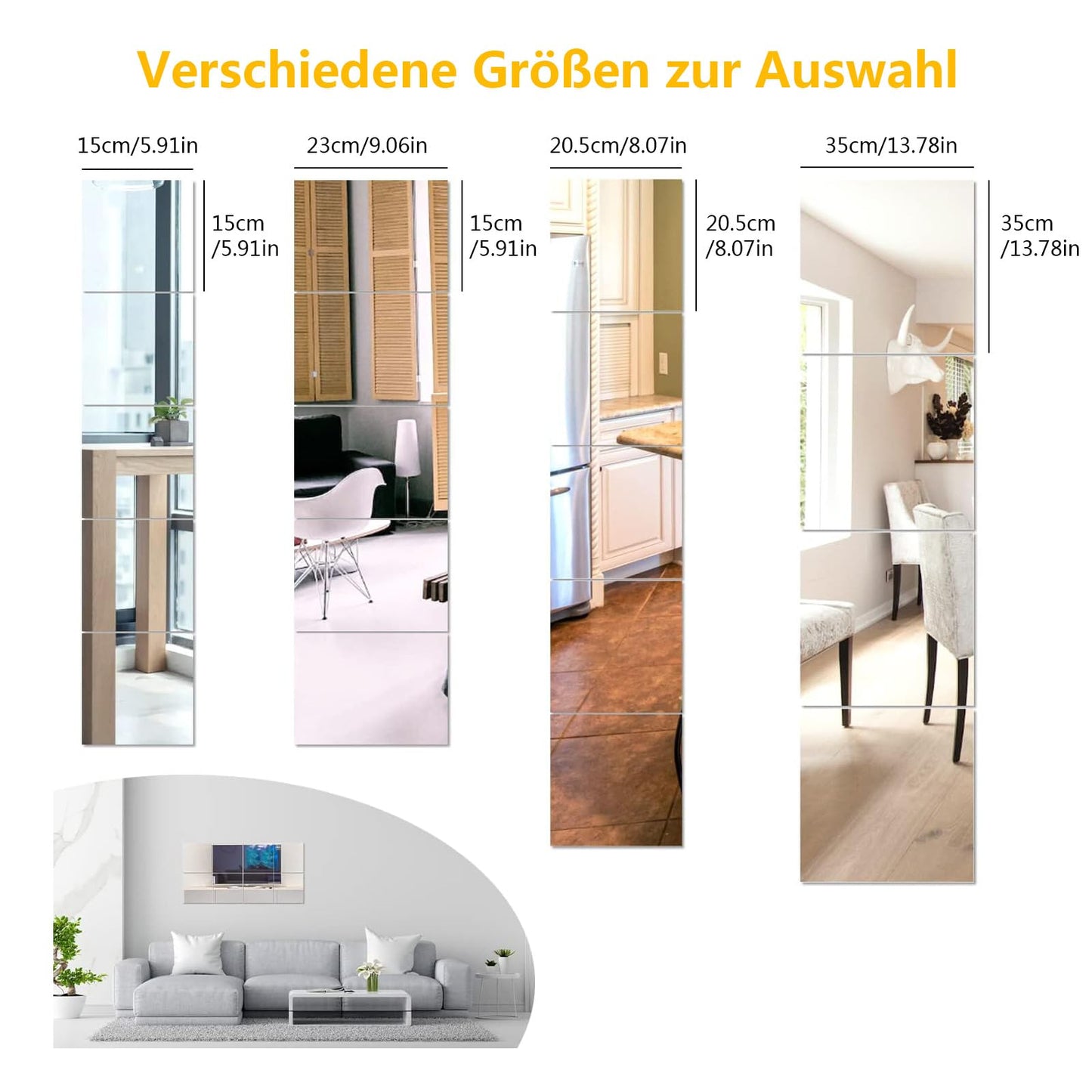 COUXILY 8 pieces 20.5x20.5cm Square Self-Adhesive Mirror Film HD Frameless Tile Glass Mirror Wall Stickers for Bedroom, Gym, Dance Studio (Fine Grinding, 8 Pieces)