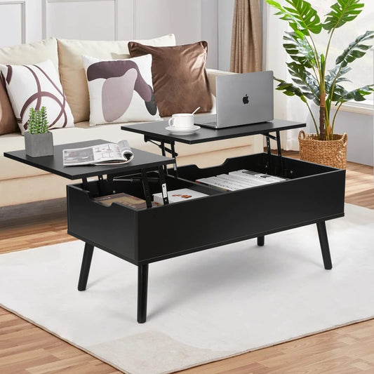 VOWNER Coffee Table, Adjustable Height Coffee Table, Extendable, Retractable Coffee Table, Separate Hidden Storage Compartment, Double Lift Top, Living Room Table, Black