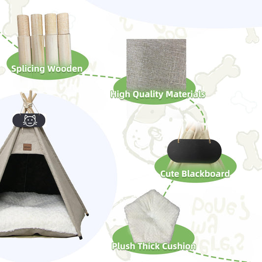 Whiwhi Tipi tent for pets, dog tent, cat tent with washable cushion. Pet tents, houses, dog caves, and pet houses. Foldable pet tent furniture 50x50x60cm.