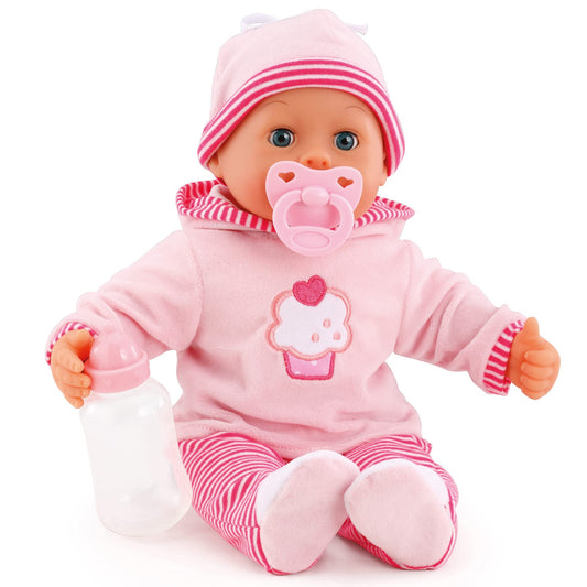 Baby doll First Words with sleeping eyes, speaks 24 baby sounds, comes with pacifier and bottle, 38 cm, pink/stripes.