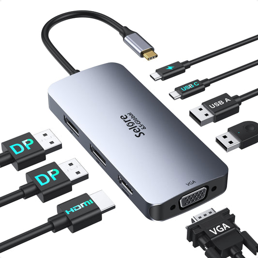 USB C docking station with dual DisplayPorts, 8-in-1 USB C dock multiport adapter featuring 4K HDMI, 2 * 4K DP, 1080P VGA, 2 * USB2.0, USB-C data, 100W PD 3.0. Ideal for Dell and HP laptops. Allows for multiple monitor setup.