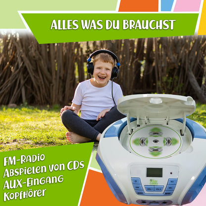 Tinygeeks Tunes Kids CD Player for Children - NEW - FM Radio - Includes Batteries - Blue - Portable Boombox CD Player - CD Player for Kids with Speakers - Blue