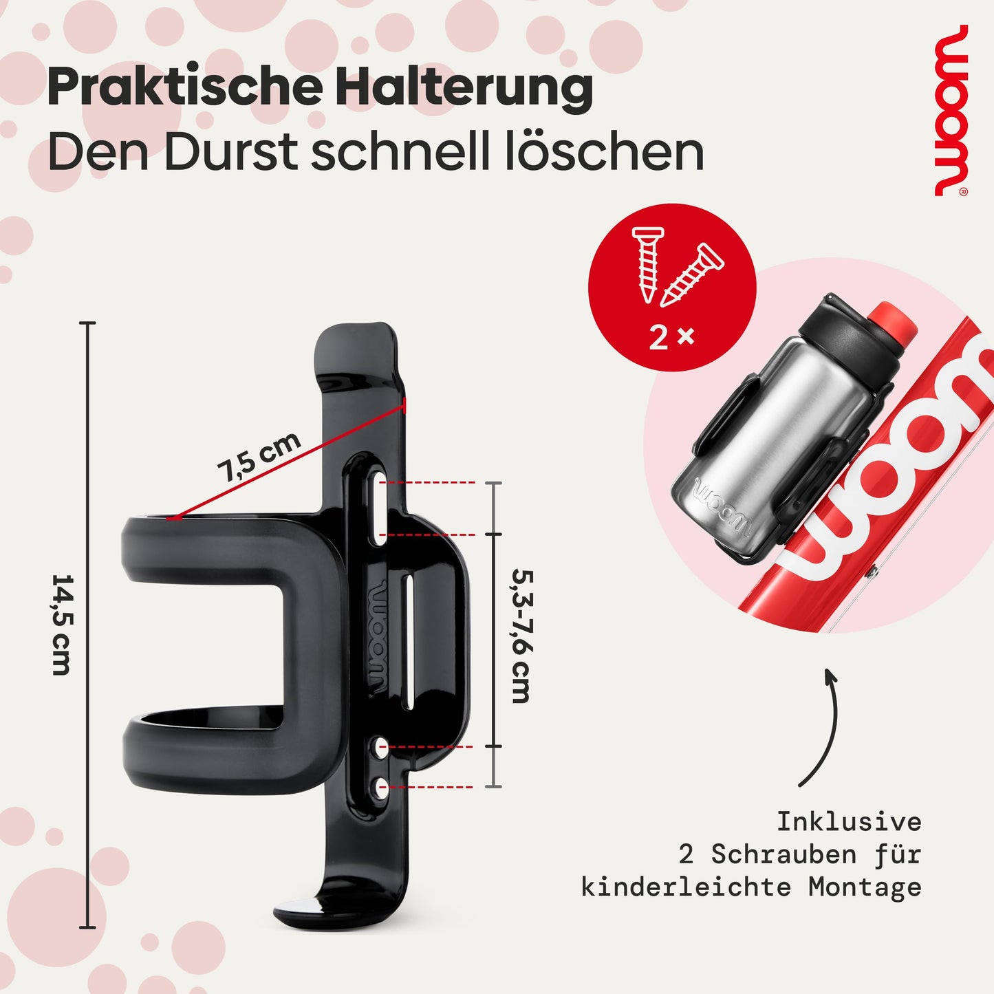 woom GLUG stainless steel bottle with bottle holder, 500ml capacity, spill-proof, designed for kids' bikes, in silver with logo.