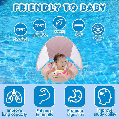 TUIBEIDAMAI Baby Swim Ring with Sunshade Removable, Swim Ring with Sun Protection Adjustable Shoulder Straps, Inflatable Swim Ring, Baby Float Swim Ring for 3-36 Months (Pink)