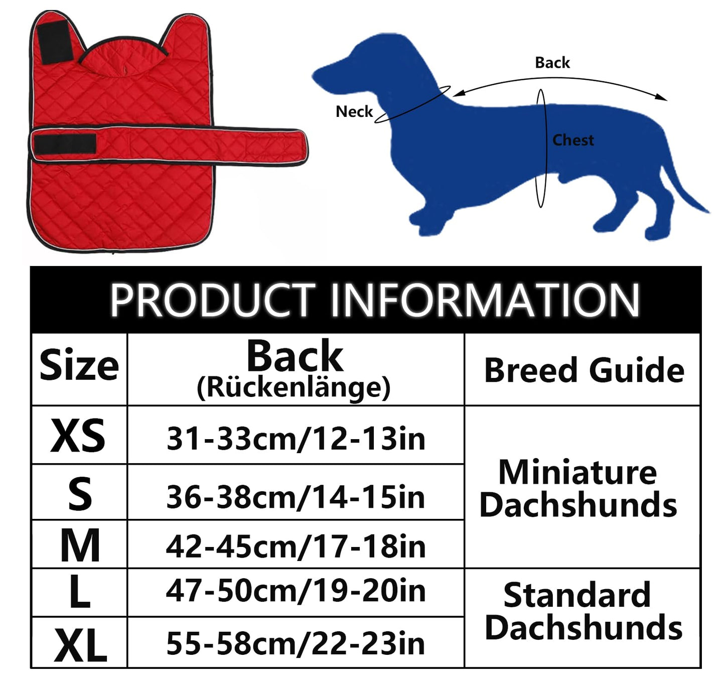 Geyecete - Warm winter coat for dachshund dogs, dog winter jackets with plush lining, outdoor jackets with adjustable belt and harness hole, for medium and small dachshunds-Red-M