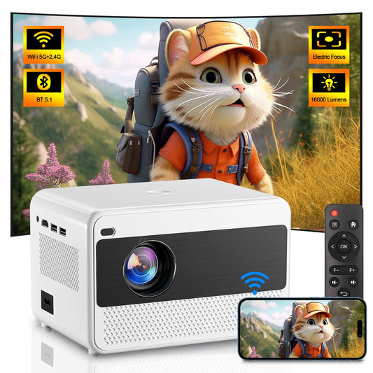 Projector 5G WiFi Bluetooth Full HD 1080P Video LED Projector 16000 Lumens 200-Inch Zoom Portable Home Cinema Projector Compatible with Smartphone/Fire Stick/Laptop/PS5