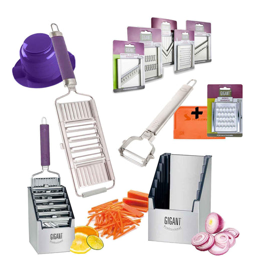 4-in-1 Vegetable Slicer Giant Multi Cutter Muxel's Super Mega Set with 6 additional inserts in the convenient multi-box + lilac multi peeler.