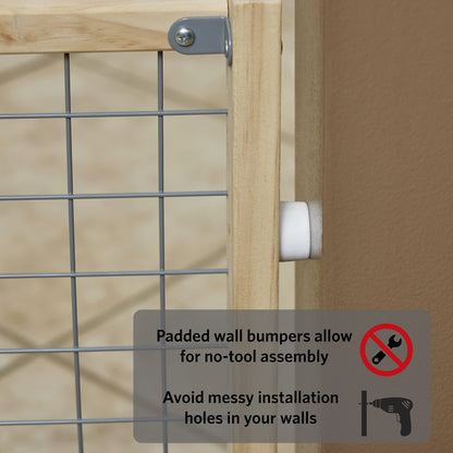 New World B2932WWM-2 Pet Gate, wood, extra wide, no damage to walls, no tool required, patented locking arm, dog gate 81 x 74-127 cm (H x W), natural wood/light gray grid