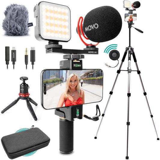 Movo iVlogger-PRO Vlogging Kit with Full Tripod for iPhone/Android – YouTube Starter Kit for Content Creators – Accessories: Phone Tripod, Phone Mount, RGB Light, and VXR10 Shotgun Microphone