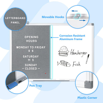 MAKELLO Magnetic Whiteboard with Pinboard - Felt Letter Board 60x45 cm, Memo Board for Kitchen, Home, and Office - includes Marker, Pins, Letters, Magnets
