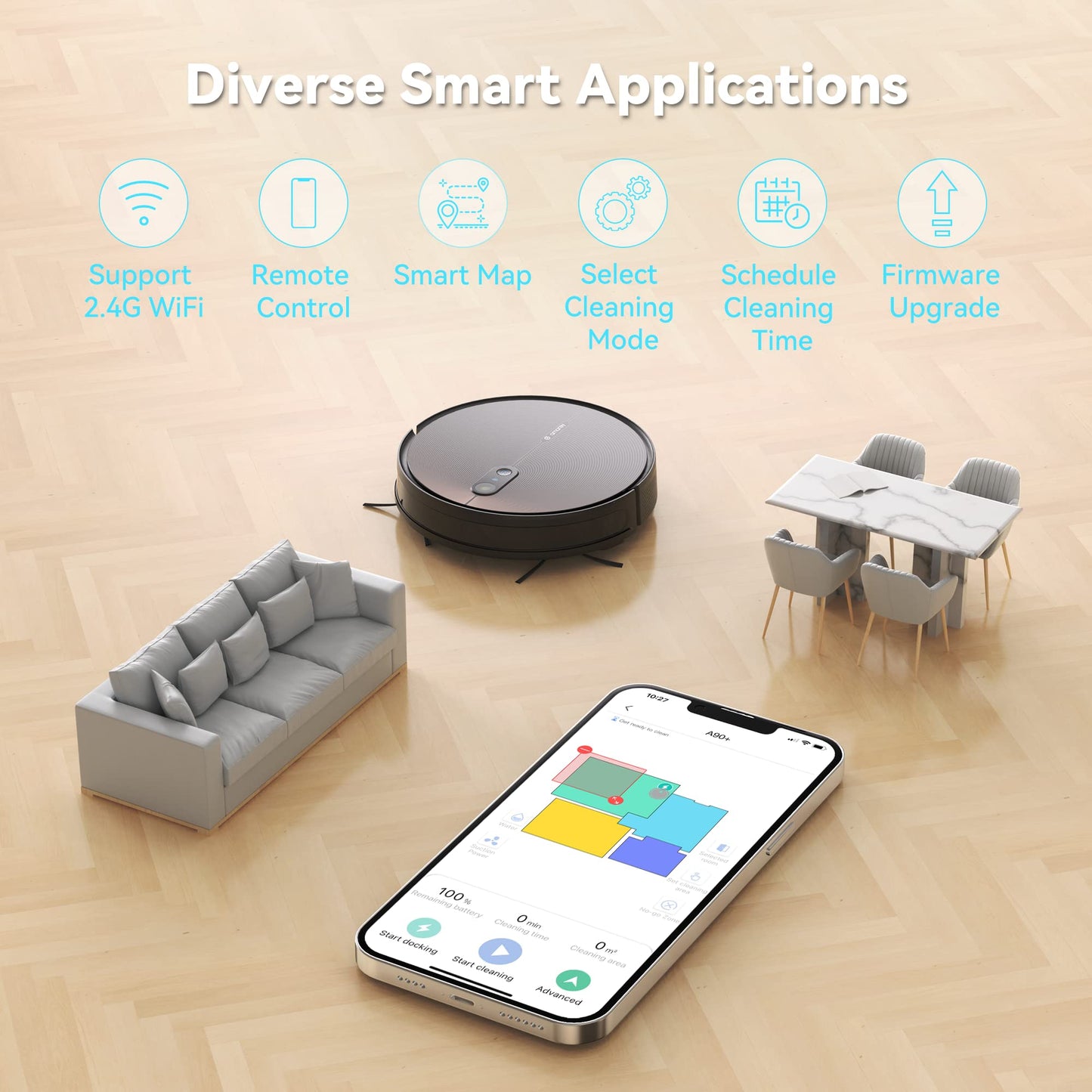 Amarey robot vacuum with self-emptying dock and mopping function, vacuum robot with automatic disposal dock, visual navigation, app & Alexa control, for pet hair, hard floors, carpets.