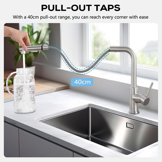 Kitchen Faucet Pull-Out, BONADE Kitchen Faucet with Sprayer, Kitchen Mixer Tap 360° Rotatable, Kitchen Faucet 2 Spray, Single Lever Sink Mixer Made of Brushed Stainless Steel