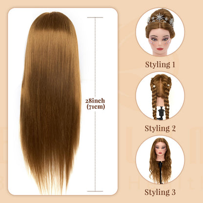 Neverland Beauty 71 cm training head with 60% real hair, barber mannequin head, cosmetology doll head with table clamp and hairdressing tool set, straight, human hair, sew-in gold.