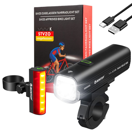 MONTOP StVZO approved bike light set with USB rechargeable battery, LED bike light, bike lamp, bike light set including front and rear lights, bike lights for kids and adults.