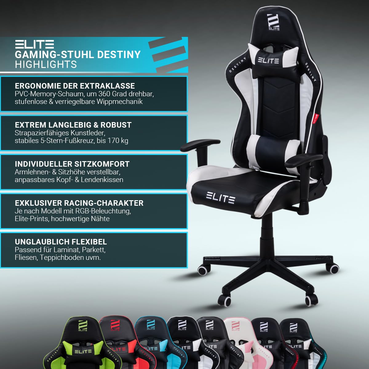 ELITE Gaming Chair MG200 Destiny | Ergonomic Office Chair - Desk Chair - Executive Chair - Armchair - Racing Gaming Chair - Gaming Chair - Swivel Chair - Chair - Faux Leather Sport Seat (Black/Blue)