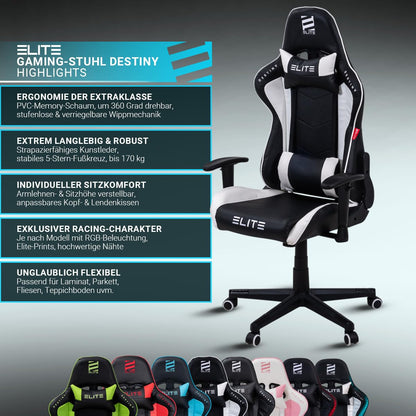 ELITE Gaming Chair MG200 Destiny | Ergonomic Office Chair - Desk Chair - Executive Chair - Armchair - Racing Gaming Chair - Gaming Chair - Swivel Chair - Chair - Faux Leather Sport Seat (Black/Blue)