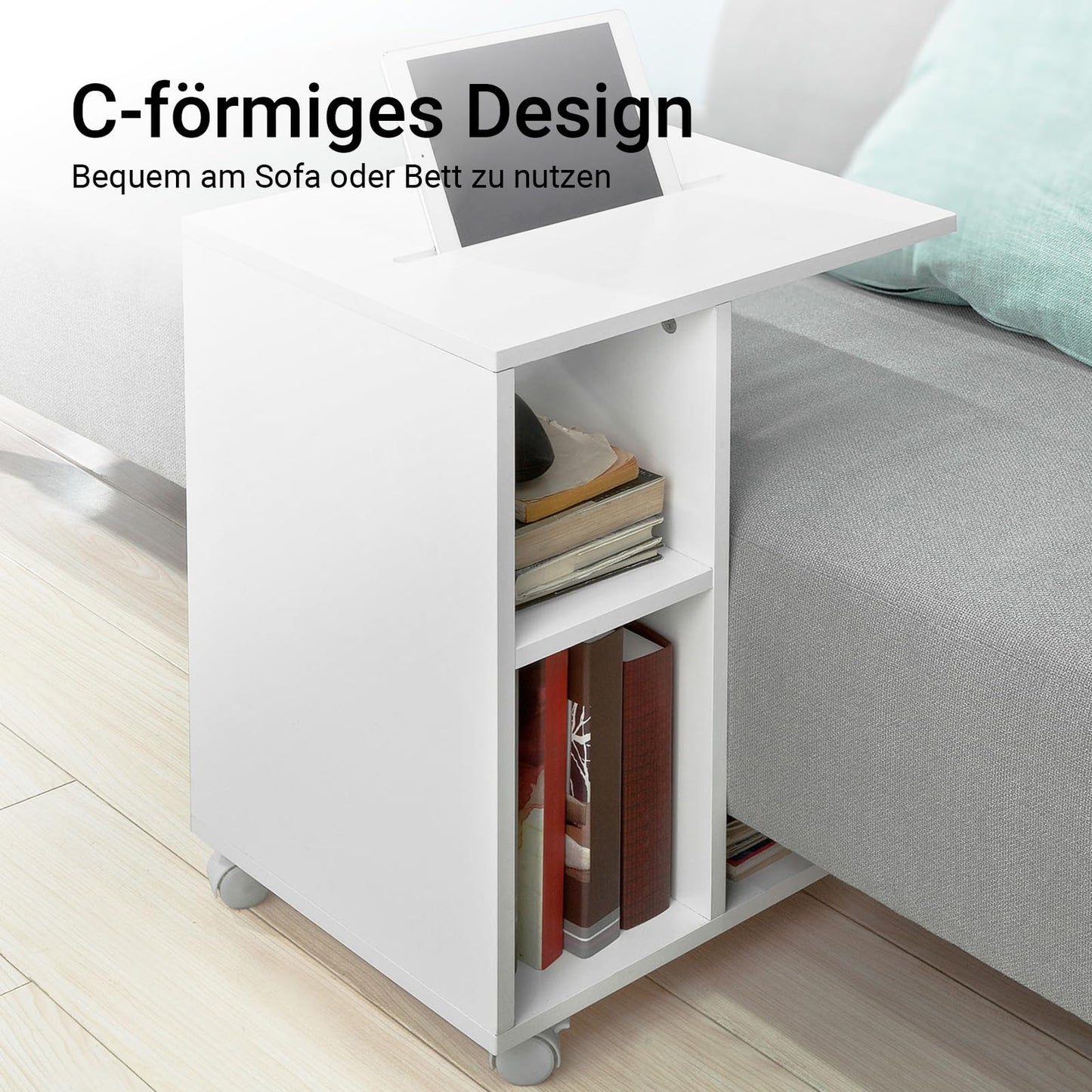 SoBuy C-shaped sofa side table with 2 storage shelves & tablet holder, modern coffee table on wheels for living room, White FBT48-W