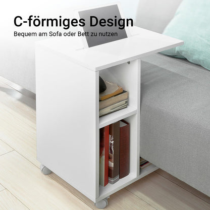 SoBuy C-shaped sofa side table with 2 storage shelves & tablet holder, modern coffee table on wheels for living room, White FBT48-W