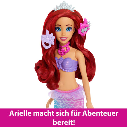 Mattel Disney Princess toys, Makeup Shell Mermaid Ariel Fashion Doll with removable tail fin, Vanity with 5 repeatable pop-up surprises and 5 accessories, JBF86