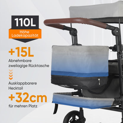 Sekey Folding Wagon with Canopy 2 Kids 220 lbs, Foldable Handcart with Push Handle, Stroller Shockproof PU Wheels with Brakes 110L, SS5050, Gray