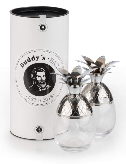Buddy's Bar - 2 Pineapple Cocktail Mugs, 350 ml, Pineapple Mug, high-quality stainless steel with glass element, food-safe, cocktail mugs with gift box, 2 pieces, stainless steel/glass.