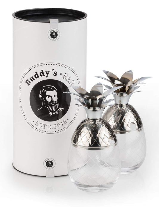 Buddy's Bar - 2 Pineapple Cocktail Mugs, 350 ml, Pineapple Mug, high-quality stainless steel with glass element, food-safe, cocktail mugs with gift box, 2 pieces, stainless steel/glass.
