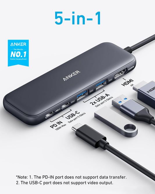 Anchor USB C Hub, 332 USB-C Hub (5-in-1) with 4K HDMI Display, 5Gbps data port, and 2 USB-A ports for MacBook Pro, Air, Dell XPS, Lenovo Thinkpad, HP laptops.