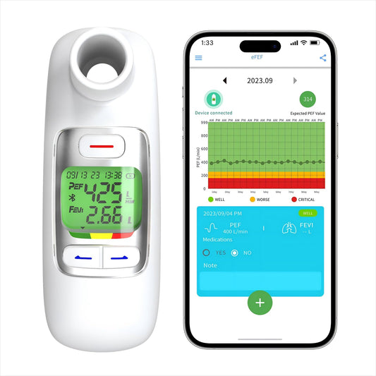 Peak Flow Meter 2.0 with Bluetooth, lung trainer for adults and children to monitor lung function, 300 historical data with time, for asthma COPD, PEF & FEV1, risk indicator, APP.