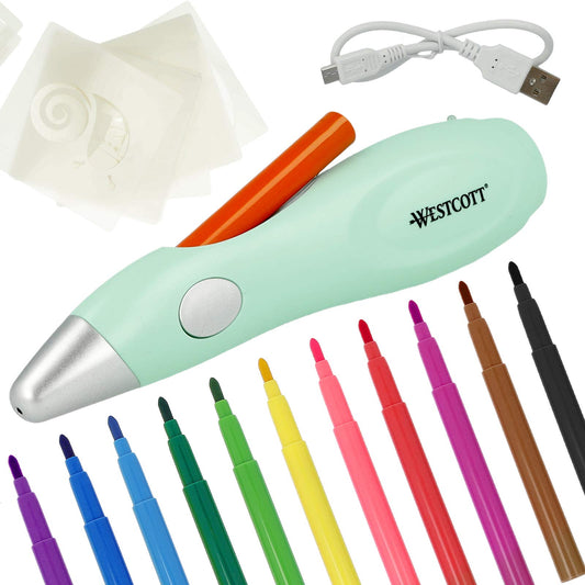 Westcott Airbrush Set for Kids | Electric paint sprayer in starter kit with 12 markers and 19 stencils | Airbrush fun for drawing and painting | With battery and USB charger | E-16800 00