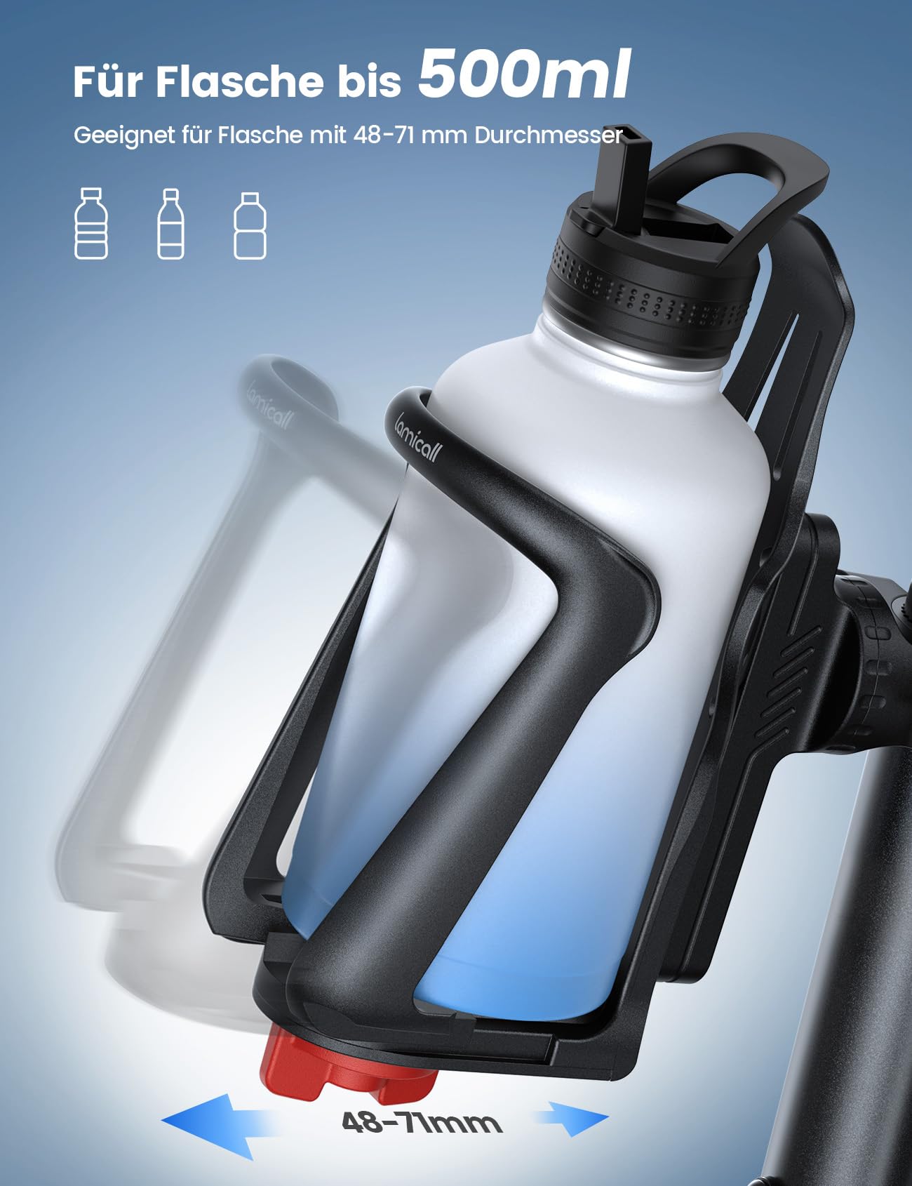 Lamicall bottle holder for bike and motorcycle - [For bottles with 48-71mm diameter & Max. 500ML] Drink bottle holder for MTB, E-bike, stroller, frame & handlebar bottle holder