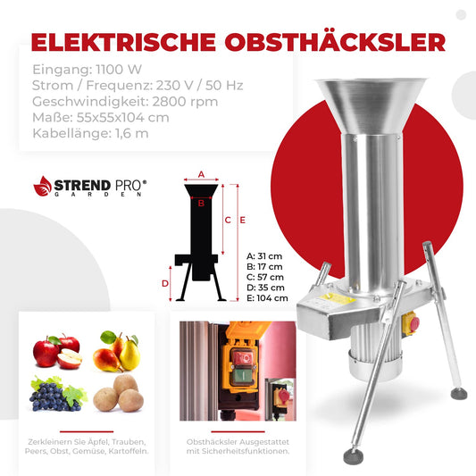 STREND PRO fruit shredder stainless steel with 1100W/2800rpm motor - Electric fruit shredder for potatoes/fruits and berry grinder - Electric beet/fruit mill for effortless chopping - Stainless steel fruit mill