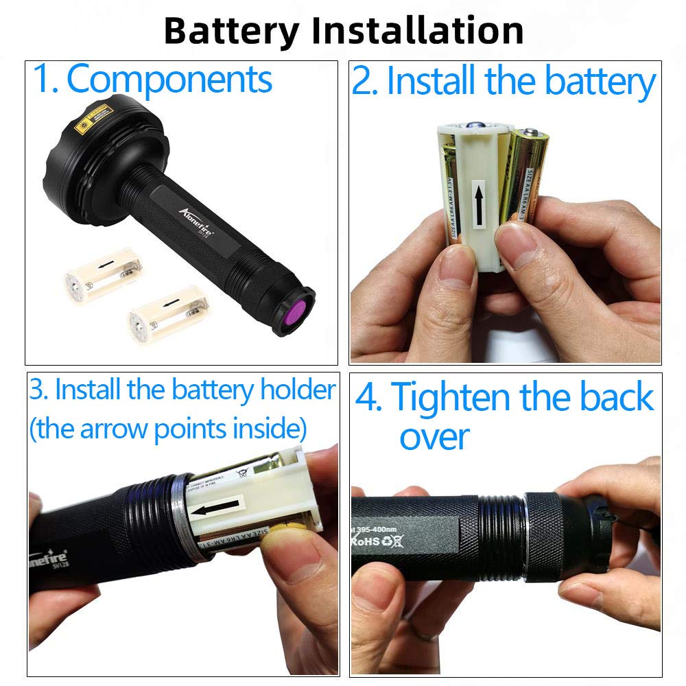 Alonefire SV128 395nm UV flashlight 128 LED blacklight flashlight for scorpion, pet urine detector, dry stain, carpet, floor with UV-protection glasses, 6 x AA batteries included.