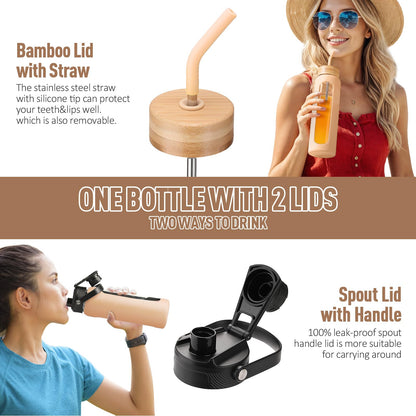 BLUEGO 900ml glass water bottle with straw and 2 lids Glass coffee cup with time markings and silicone sleeve Glass cup for drinks, soda, cola BPA-free, Amber