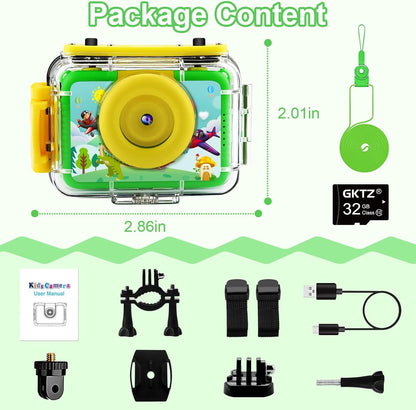GKTZ kids camera waterproof, 180° rotatable digital action camera for kids, birthday gift toy for children ages 3-12 boys and girls, underwater camera with 32GB SD card, green