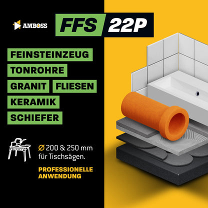 Anvil FFS 22 - Diamond cutting disc Ø 250 mm x 25.4 mm - Hard porcelain stoneware (up to 1.2 cm) / hard granite/slate/tiles/clay pipes/fiberglass | Segment height: 10 mm