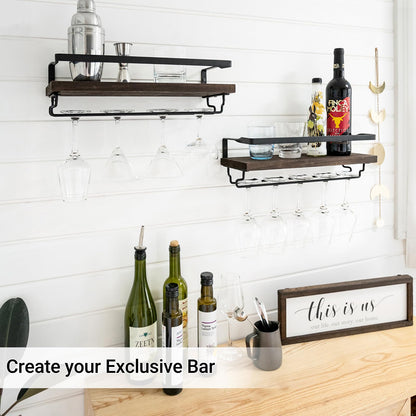 Mkono Wall Mounted Wine Racks 2 Pack Wood Rustic Wine Bottle Glass Floating Shelves with Stemware Holder Modern Wine Display Storage Holders for Kitchen Dining Room Bar