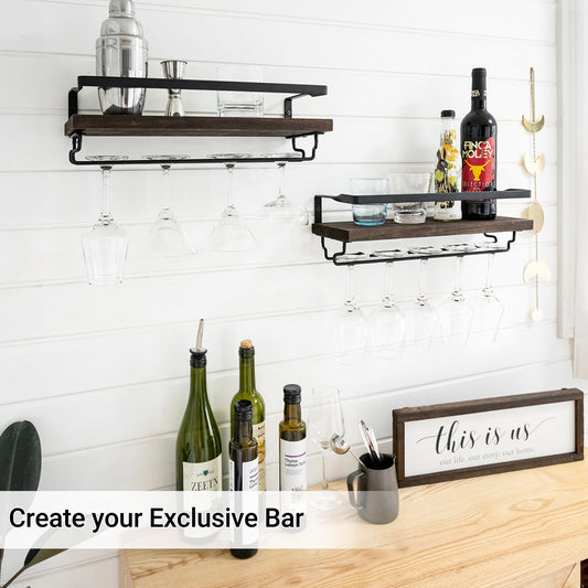 Mkono Wall Mounted Wine Racks 2 Pack Wood Rustic Wine Bottle Glass Floating Shelves with Stemware Holder Modern Wine Display Storage Holders for Kitchen Dining Room Bar