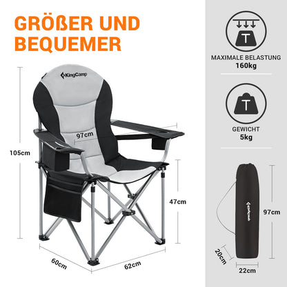 KingCamp camping chair foldable up to 160 kg, Oversized camping chair with adjustable backrest, Folding camping chair with high backrest & cooler & drink holder, Black