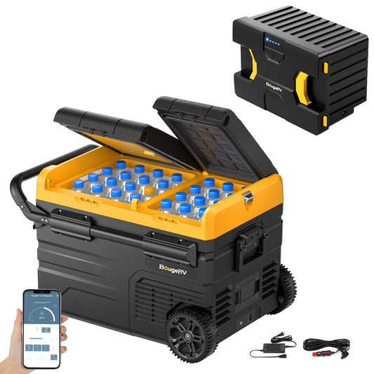 BougeRV CRD 35L compressor cooler with battery, car fridge double door dual zone 12V 24V 230V with 173Wh battery (4-10 hours extension). Power supply for car cooler camping.