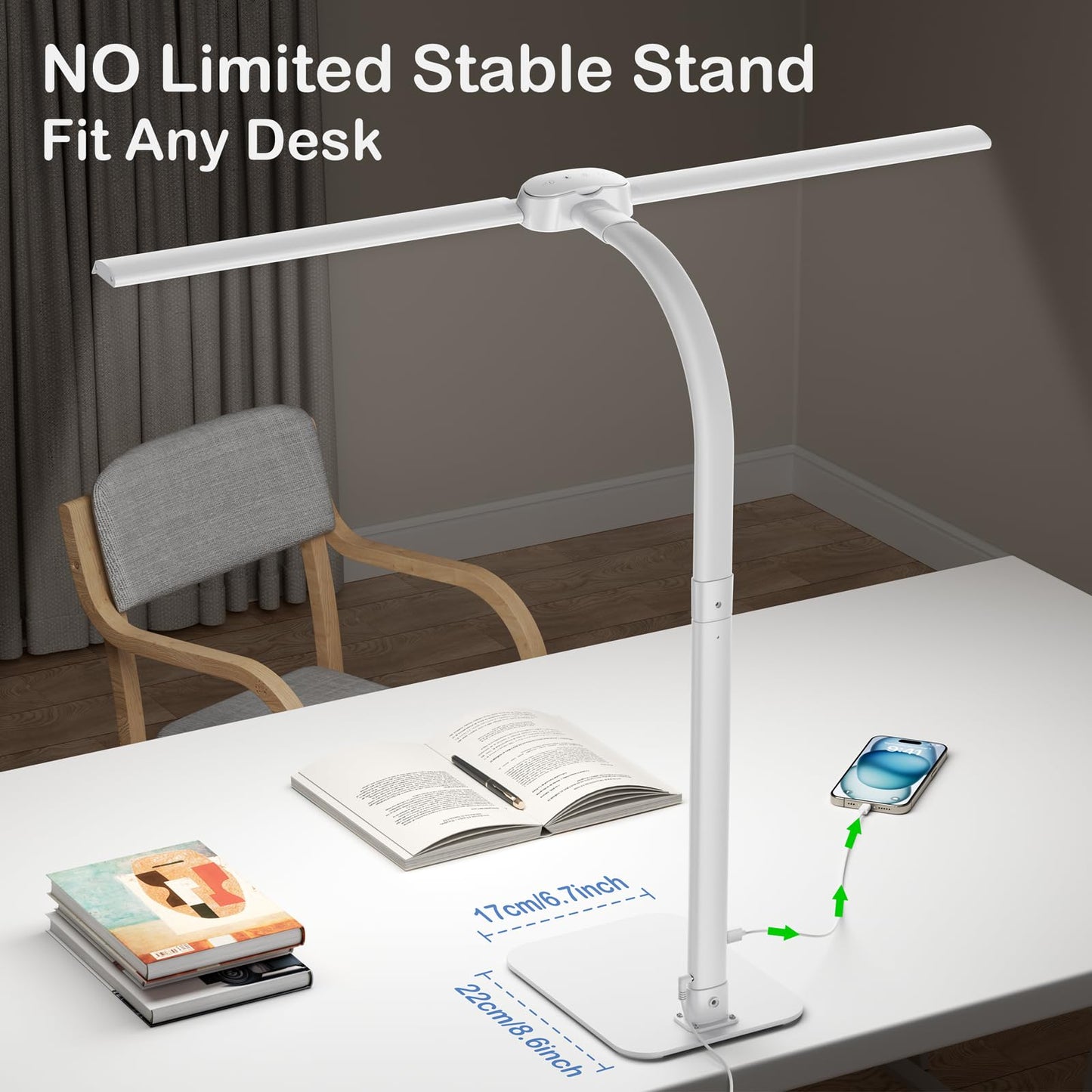 Kary LED Desk Lamp Dimmable with USB Charging Port and base, 24W Ultra Bright Dual Head Table Lamp for Office, Work, Design, Reading, Eye-Care Lamp with Remote Control, White