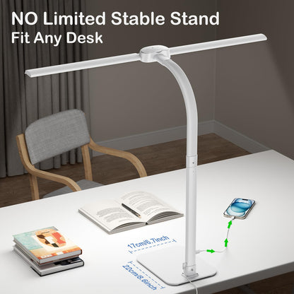 Kary LED Desk Lamp Dimmable with USB Charging Port and base, 24W Ultra Bright Dual Head Table Lamp for Office, Work, Design, Reading, Eye-Care Lamp with Remote Control, White