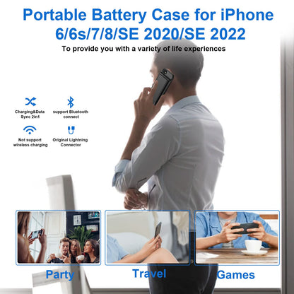 JUBOTY 6800mAh battery case for iPhone 6/6S/7/8/SE 2020/SE 2022, high capacity, portable charging case, extended battery, rechargeable phone battery charger, 4.7 inches (black)