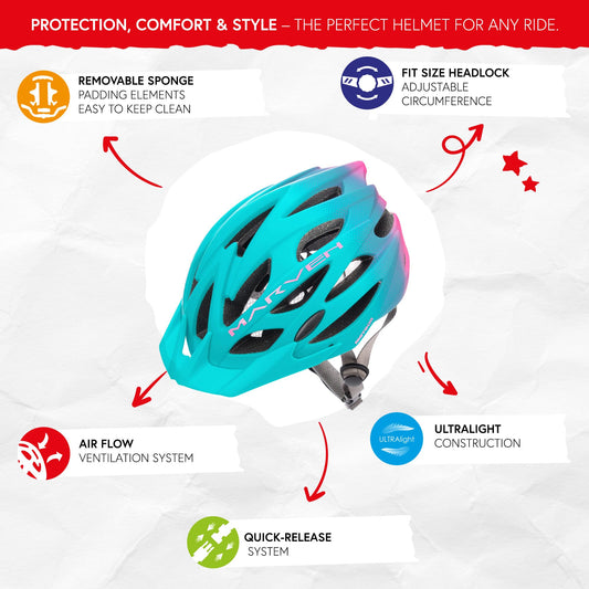 Meteor® Marven bike helmet for men, women, and children. Suitable for MTB, rollerblading, downhill, road biking, mountain biking, inline skating, BMX, scootering. Great for boys and girls.