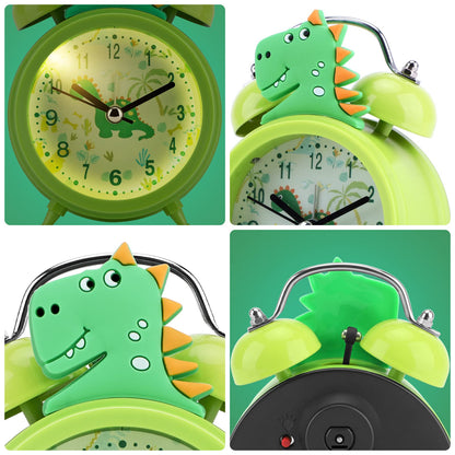 TCJJ Dinosaur Alarm Clock for Boys, Non-Ticking Cute Green Alarm Clock for Kids Boys, Classic Loud Double Bell Clock with Backlight, Suitable for School Gifts.