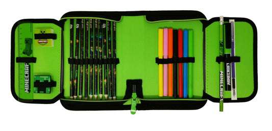 Minecraft pencil case for kids filled with stationery items. Great for school and organization. Available in Steve and Alex designs.