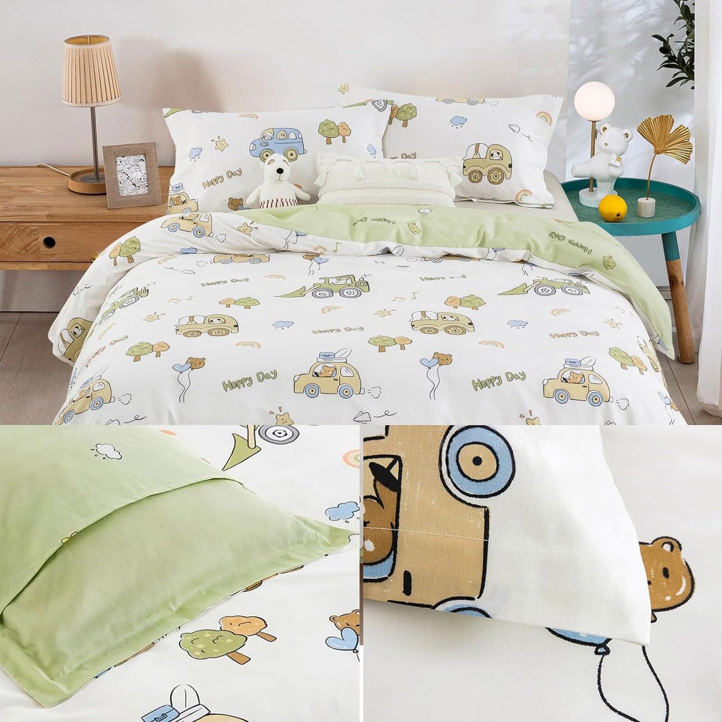 Lanqinglv Kids Bedding 155x220 Boys Car Green White Microfiber Bedding, Reversible Bedding Set - Duvet Cover with Zipper and 1 Pillowcase 80x80 cm