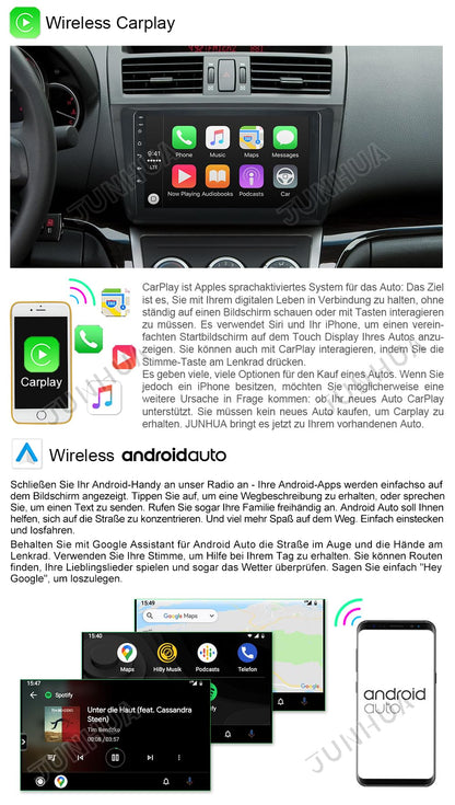 JUNHUA Android 12 car stereo for Mazda 6 GH1 GH2 2007-2013, 2G RAM+32G ROM, low-end model with 1280x800 9-inch touchscreen. Features Wireless CarPlay, Android Auto, Bluetooth, WiFi, USB, GPS.
