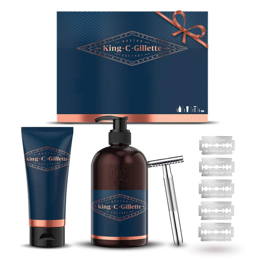 King C. Gillette gift set with safety razor for men and beard care, razor + 5 razor blades + shaving gel + beard shampoo, shaving set gift for men