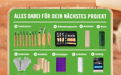 PUREWERK® Wood carving set for adults - 22-piece carving tool set with 11 carving knives, 5 wood blocks, sharpening kit, gloves & carving guide for beginners.