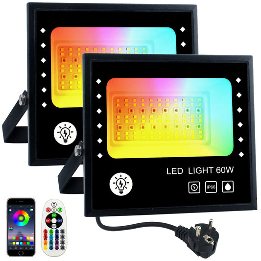 BOSITE 2 Pack RGB Floodlights 60W, Dimmable RGB LED Floodlight, Colorful LED Spotlight, IP66 Waterproof, 6500k White Light, Timer, RGBW Color Changing Floodlight for Club Home Party Tree Stage Lights Christmas